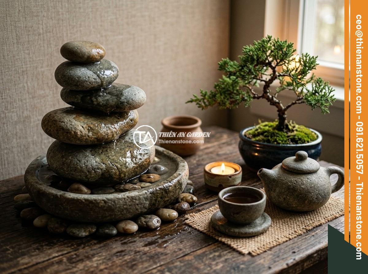 Kết hợp bộ ấm chén đá với nội thất phong cách tối giản zen - A zen corner featuring a stone tea set illuminated by warm candlelight, a small 