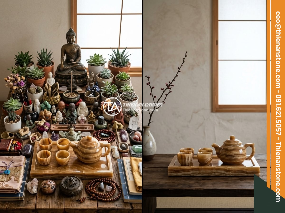 Kết hợp bộ ấm chén đá với nội thất phong cách tối giản zen - A comparison of two interior setups: one cluttered zen space with too many decor