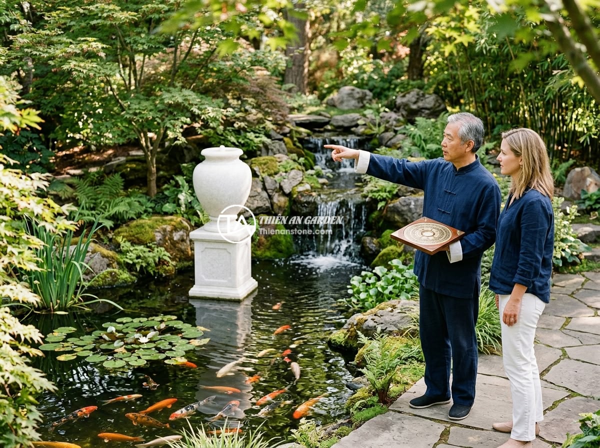 Kết hợp chum đá phong thủy với hồ cá Koi và thác nước đá tự nhiên đẹp mắt - Hình 10 Kết hợp chum đá phong thủy với hồ cá Koi và thác nước đá tự nhiên đẹp mắt - A feng shui master consulting with a homeowner in front of a beautiful Koi pond