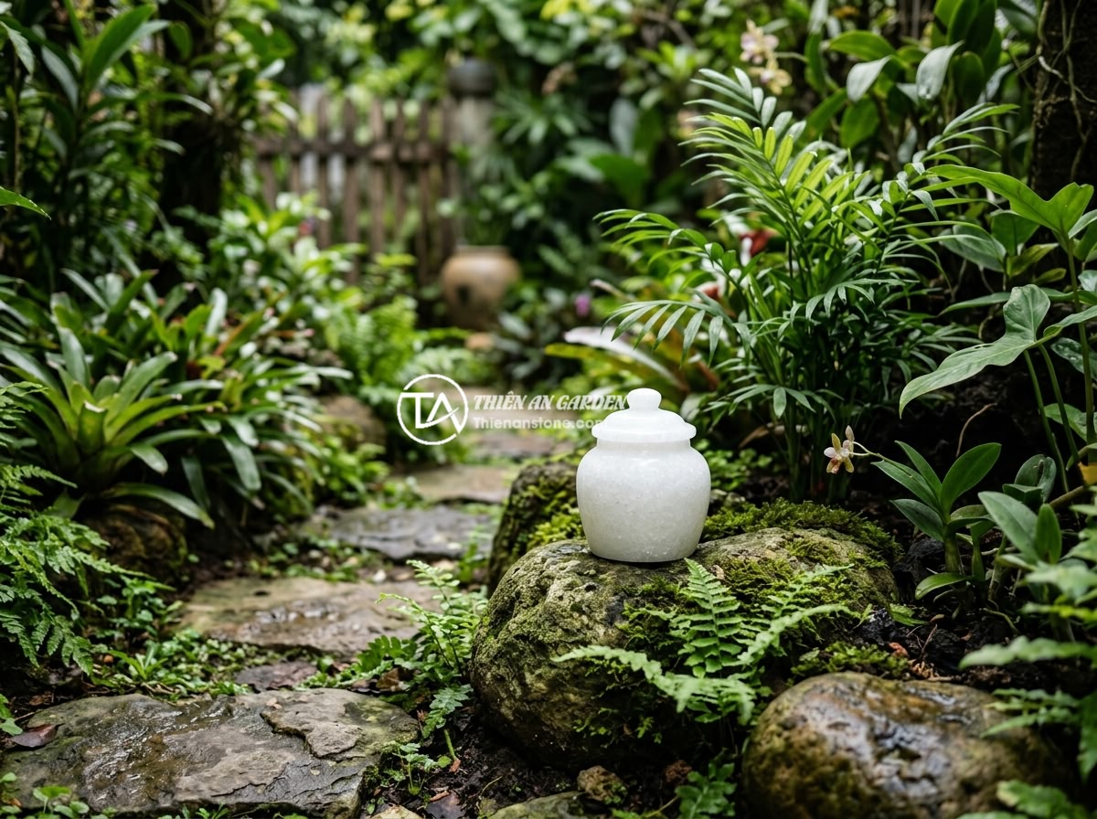 Kích thước chum đá phong thủy lý tưởng cho sân vườn nhỏ và không gian hẹp - A small feng shui stone jar placed in a compact Vietnamese garden with tropical