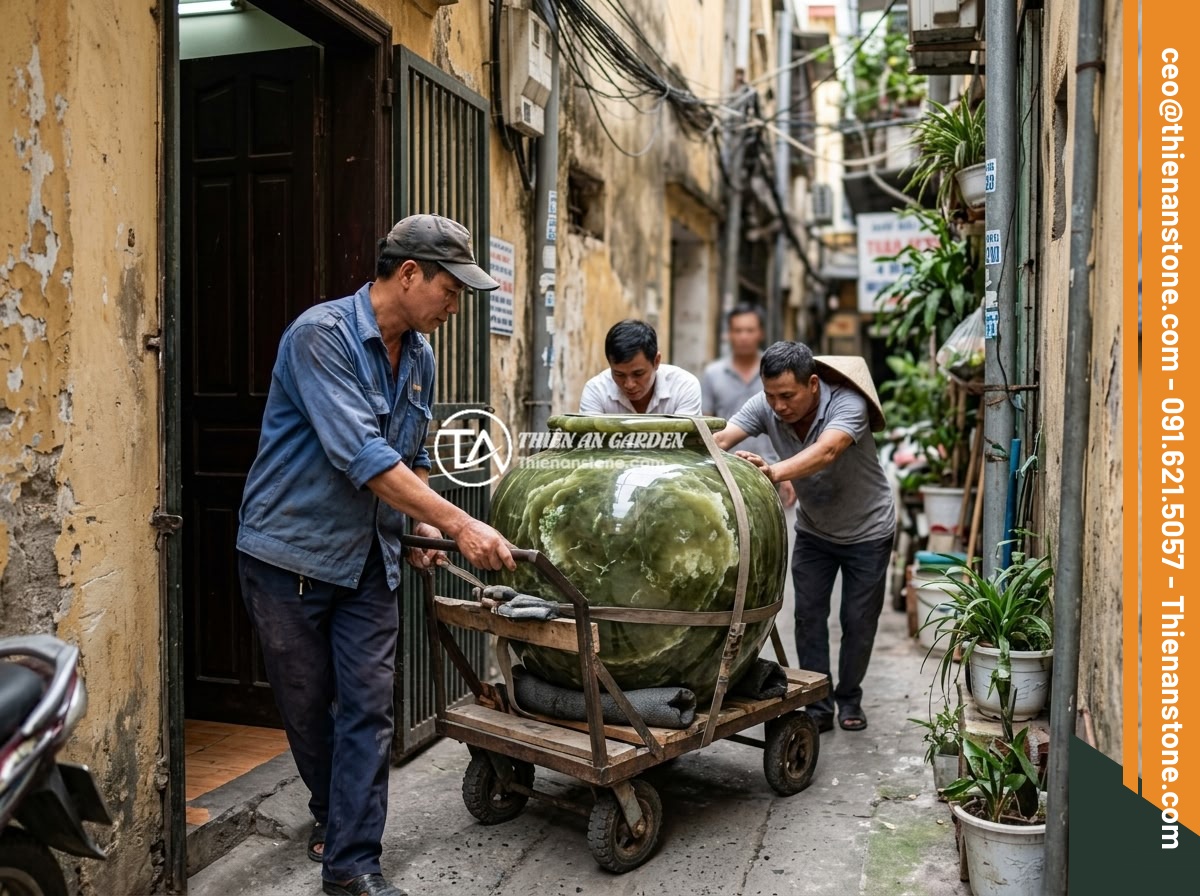 Kích thước chum đá phong thủy lý tưởng cho sân vườn nhỏ và không gian hẹp - Hình 12 Kích thước chum đá phong thủy lý tưởng cho sân vườn nhỏ và không gian hẹp - Workers carefully transporting a medium-sized natural stone feng shui jar throug