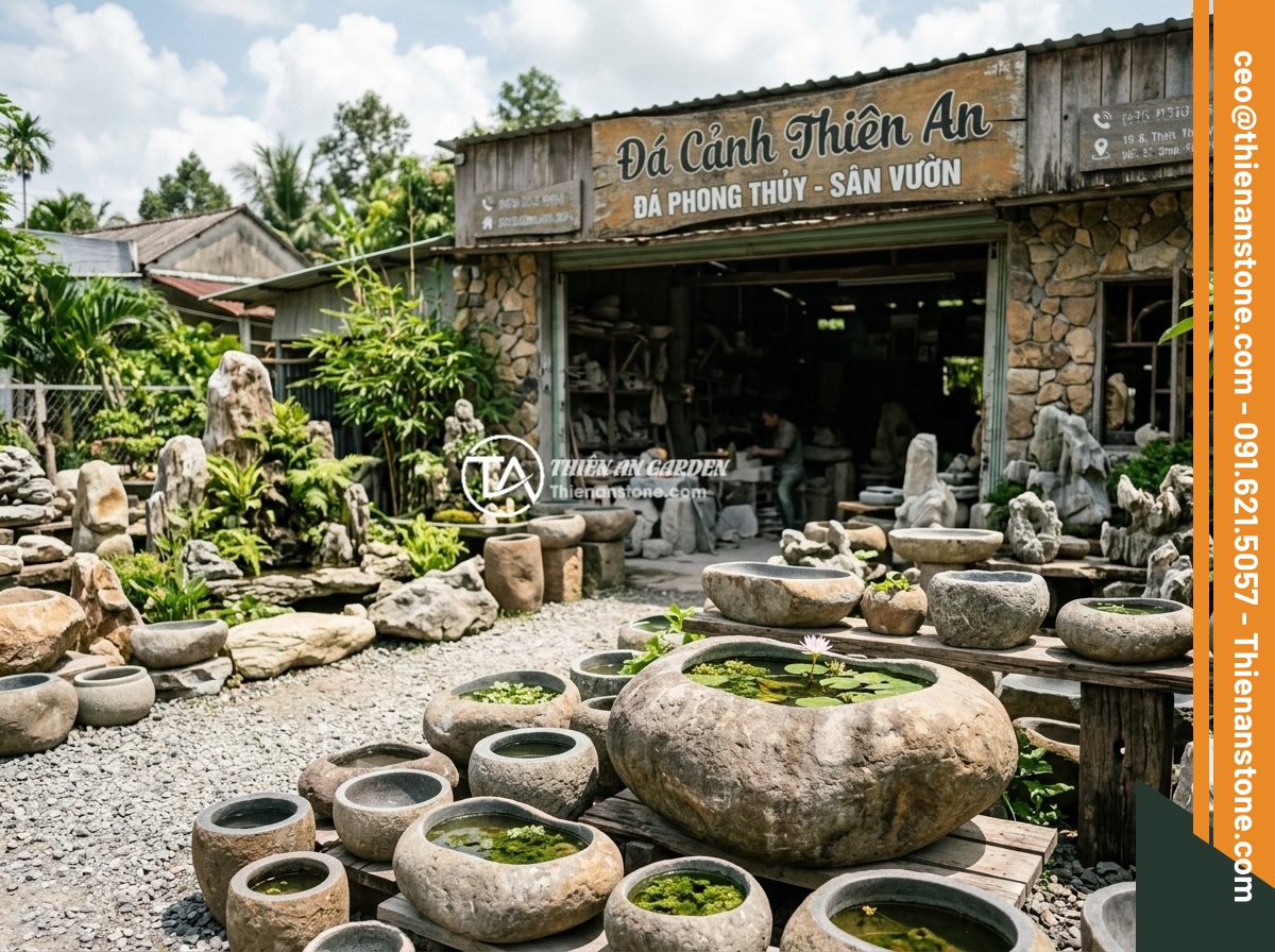 Kích thước chum đá phong thủy lý tưởng cho sân vườn nhỏ và không gian hẹp - Hình 14 Kích thước chum đá phong thủy lý tưởng cho sân vườn nhỏ và không gian hẹp - The exterior of Đá Cảnh Thiên An stone craft showroom displaying various sizes o