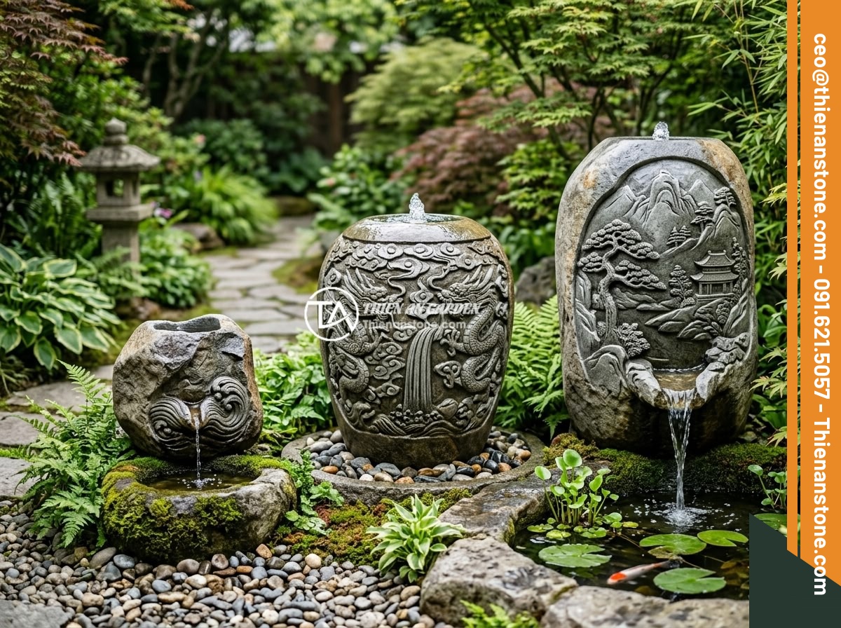 Kích thước chum đá phong thủy lý tưởng cho sân vườn nhỏ và không gian hẹp - Hình 2 Kích thước chum đá phong thủy lý tưởng cho sân vườn nhỏ và không gian hẹp - Three different sizes of natural stone feng shui jars displayed side by side in