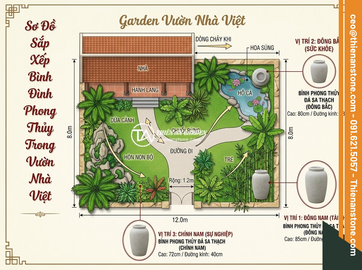 Kích thước chum đá phong thủy lý tưởng cho sân vườn nhỏ và không gian hẹp - Hình 3 Kích thước chum đá phong thủy lý tưởng cho sân vườn nhỏ và không gian hẹp - An infographic-style garden layout showing optimal placement positions of feng s