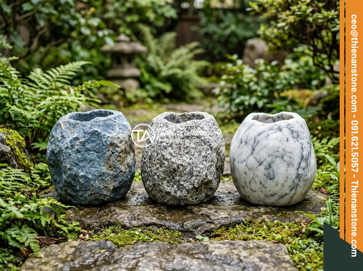 Kích thước chum đá phong thủy lý tưởng cho sân vườn nhỏ và không gian hẹp - Hình 4 Kích thước chum đá phong thủy lý tưởng cho sân vườn nhỏ và không gian hẹp - Close-up comparison of three feng shui stone jars made from different natural st