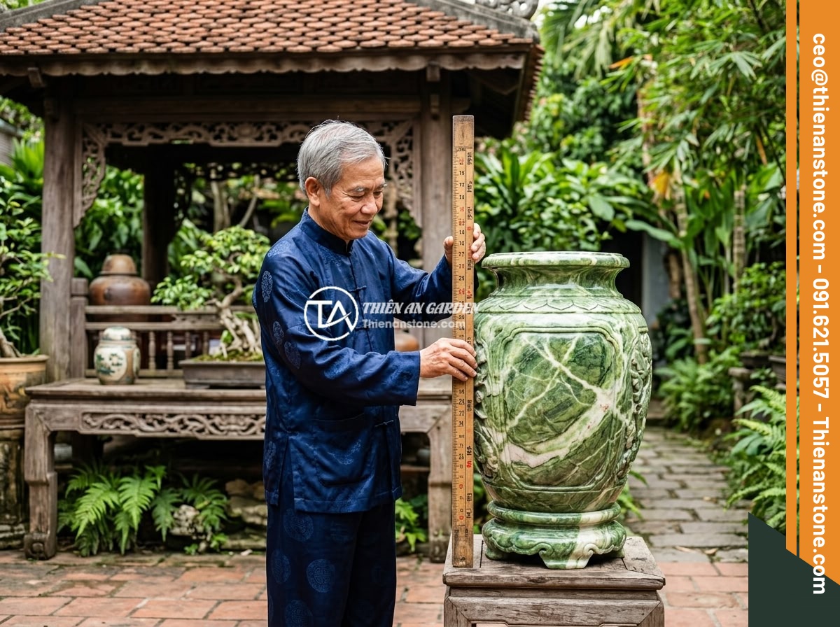 Kích thước chum đá phong thủy lý tưởng cho sân vườn nhỏ và không gian hẹp - Hình 5 Kích thước chum đá phong thủy lý tưởng cho sân vườn nhỏ và không gian hẹp - A feng shui master using a Luban ruler to measure dimensions of a natural stone