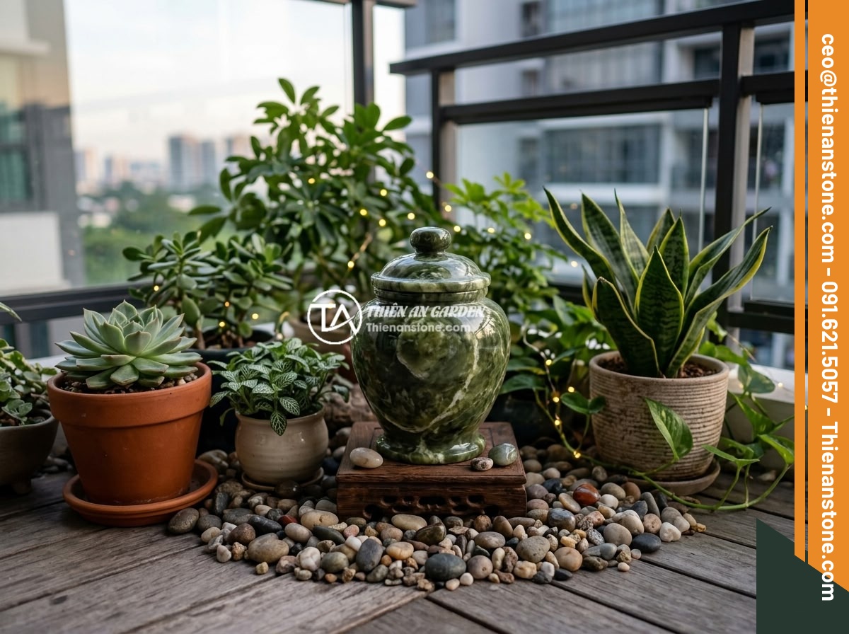 Kích thước chum đá phong thủy lý tưởng cho sân vườn nhỏ và không gian hẹp - Hình 6 Kích thước chum đá phong thủy lý tưởng cho sân vườn nhỏ và không gian hẹp - A beautifully arranged small feng shui stone jar on a modern apartment balcony w