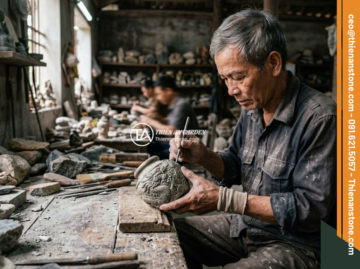 Kích thước chum đá phong thủy lý tưởng cho sân vườn nhỏ và không gian hẹp - Hình 8 Kích thước chum đá phong thủy lý tưởng cho sân vườn nhỏ và không gian hẹp - A craftsman meticulously hand-carving intricate dragon patterns on a small natur