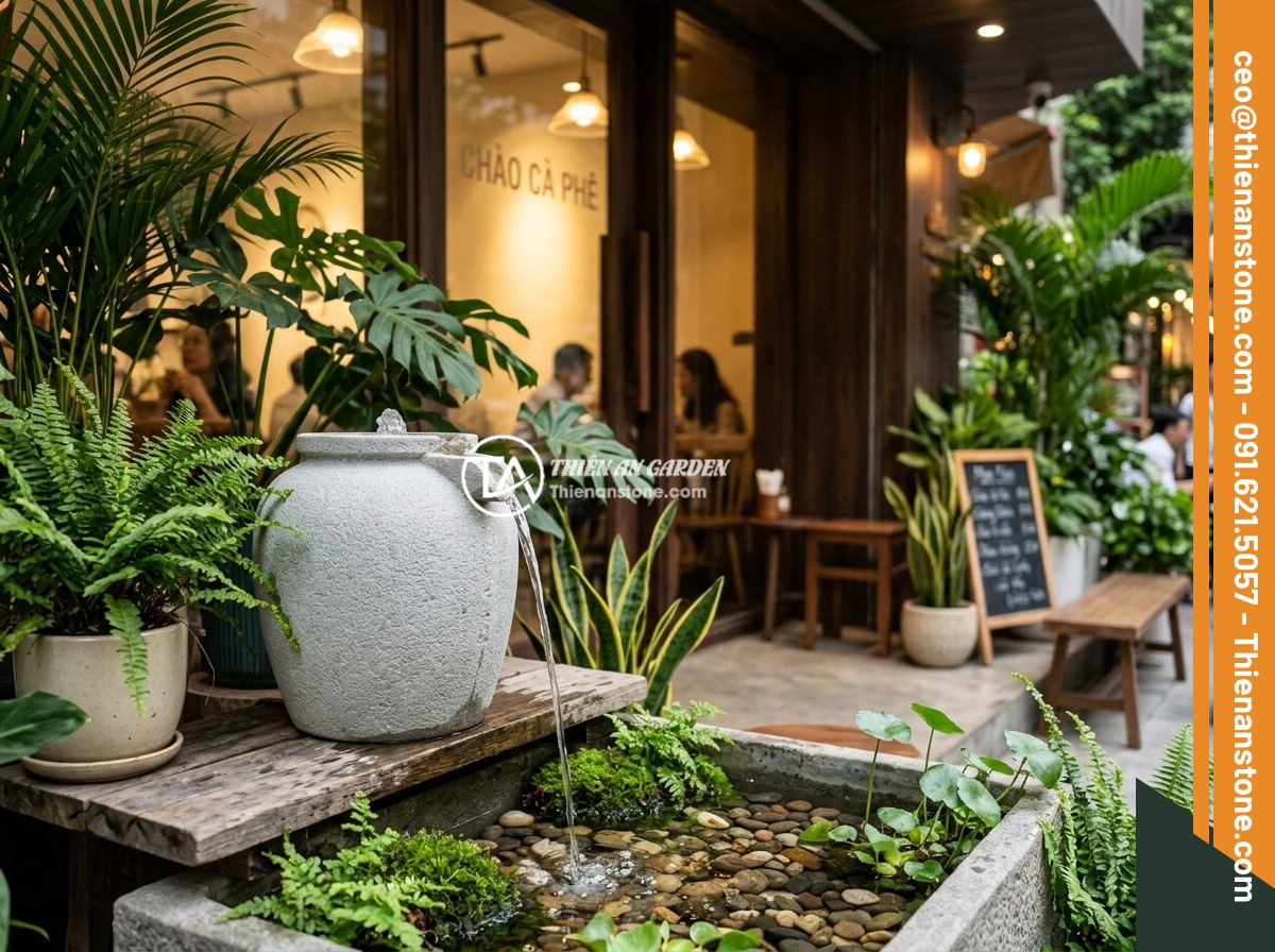 Kích thước chum đá phong thủy lý tưởng cho sân vườn nhỏ và không gian hẹp - Hình 9 Kích thước chum đá phong thủy lý tưởng cho sân vườn nhỏ và không gian hẹp - A stylish small feng shui stone jar with flowing water feature placed at the ent