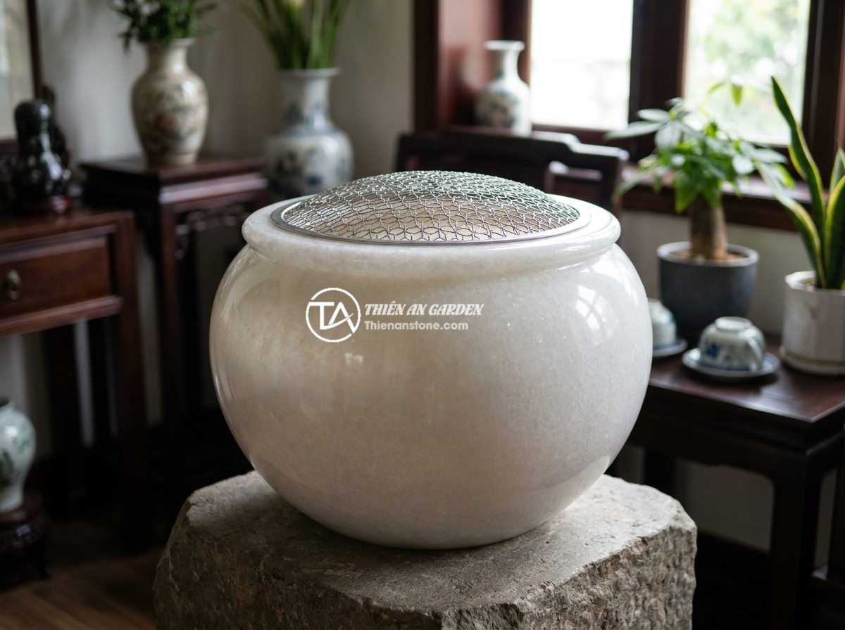 Kinh nghiệm chọn chum đá phong thủy an toàn cho gia đình có trẻ nhỏ và thú cưng - Detailed close-up of a feng shui stone urn with perfectly rounded edges, smooth 