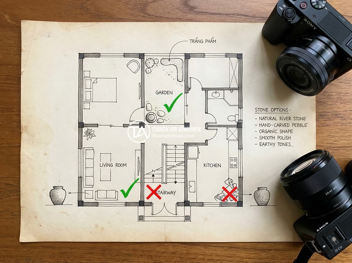 Kinh nghiệm chọn chum đá phong thủy an toàn cho gia đình có trẻ nhỏ và thú cưng - A top-down floor plan illustration of a Vietnamese family home showing ideal and