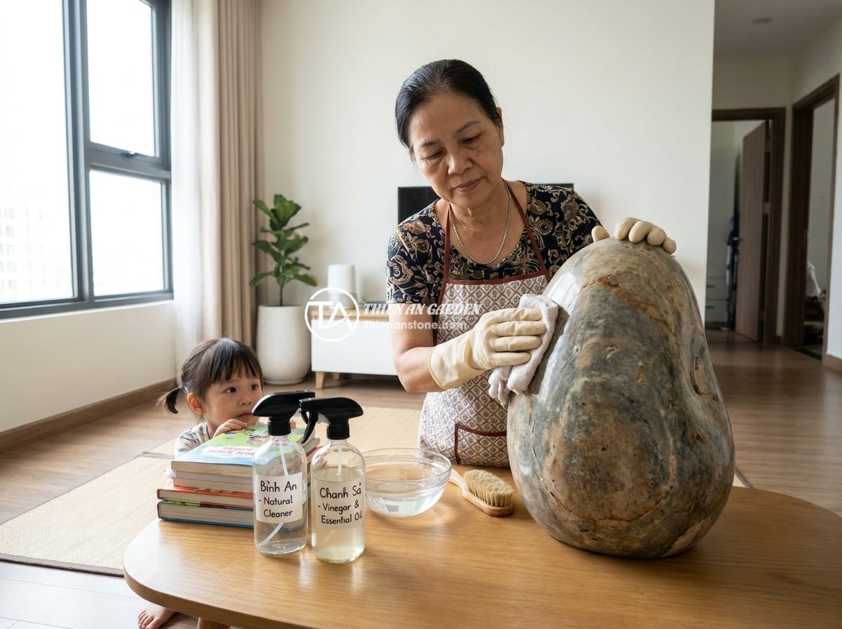 Kinh nghiệm chọn chum đá phong thủy an toàn cho gia đình có trẻ nhỏ và thú cưng - A Vietnamese family member wearing gloves cleaning a natural stone feng shui urn