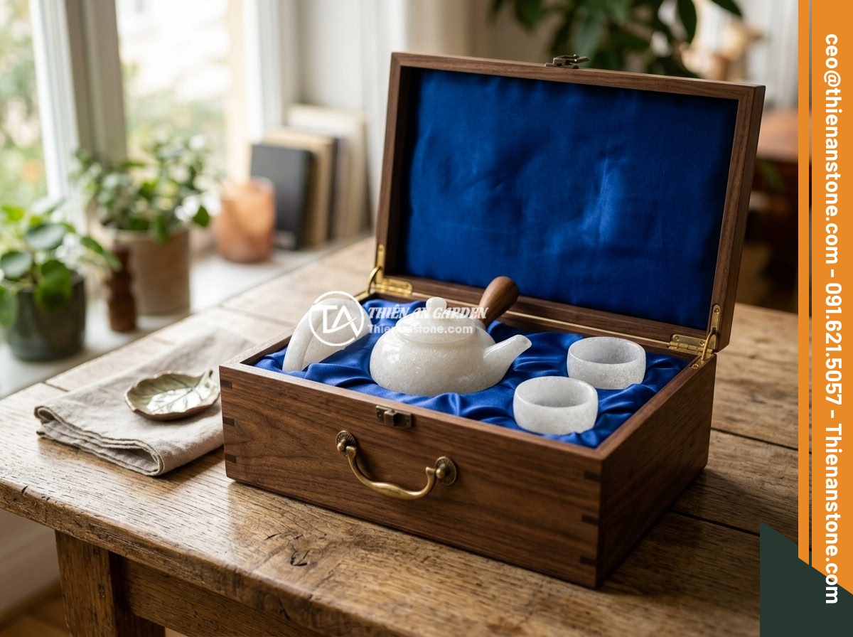 Kinh nghiệm pha trà ngon và chuẩn vị với ấm chén đá tự nhiên - An elegant gift presentation of a premium natural stone tea set in a beautiful w