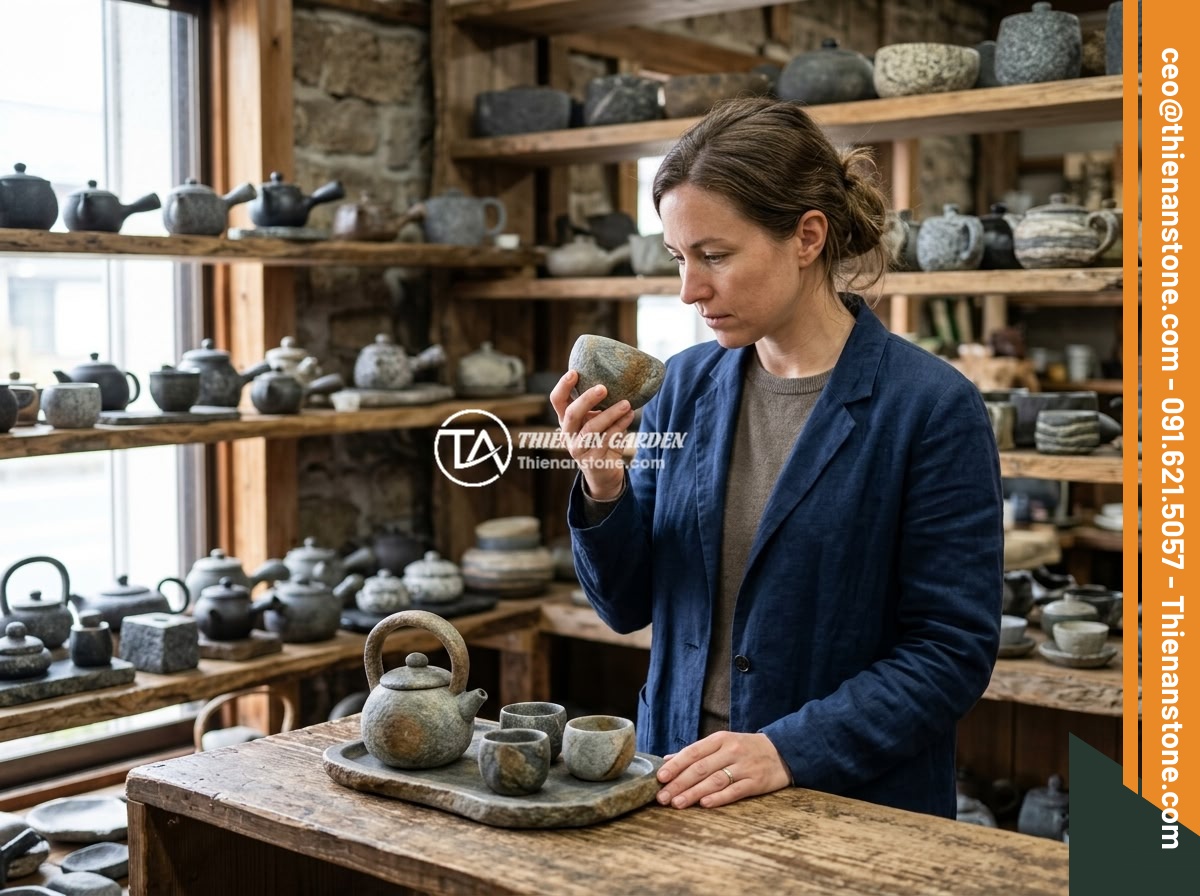 Kinh nghiệm pha trà ngon và chuẩn vị với ấm chén đá tự nhiên - A customer examining and selecting a natural stone tea set at a reputable stone 