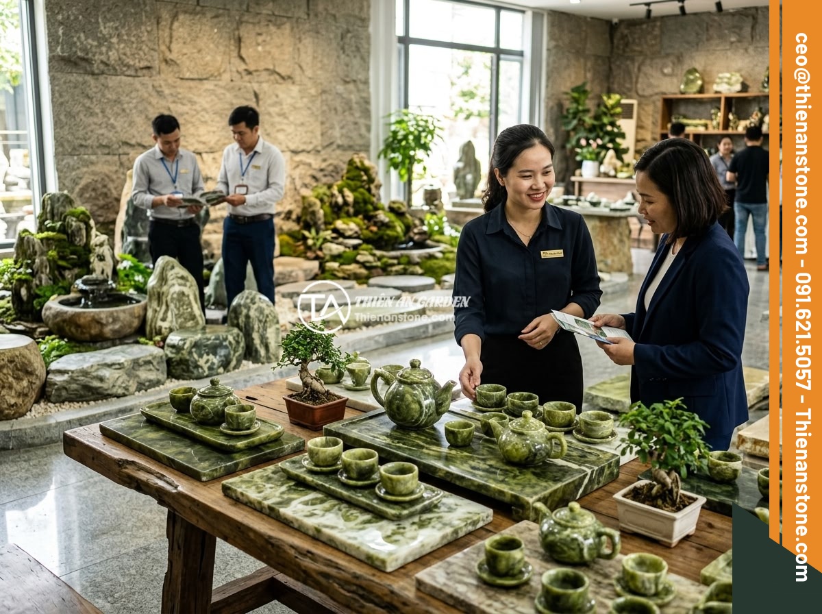 Kinh nghiệm pha trà ngon và chuẩn vị với ấm chén đá tự nhiên - The Thien An Stone company showroom displaying a premium collection of natural s