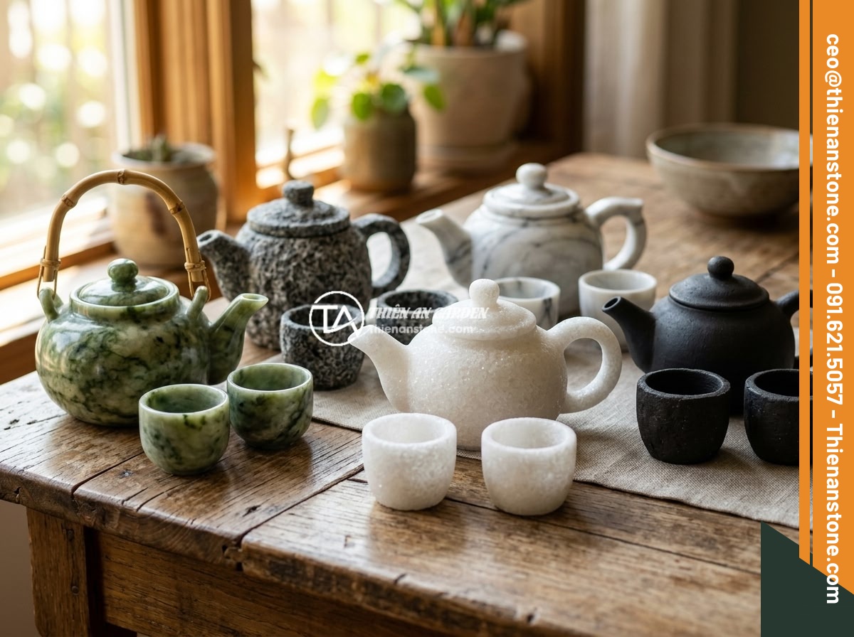 Kinh nghiệm pha trà ngon và chuẩn vị với ấm chén đá tự nhiên - Various types of natural stone teapots and cups arranged together showing differ
