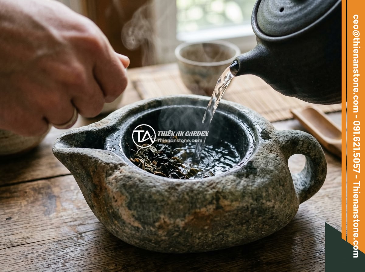 Kinh nghiệm pha trà ngon và chuẩn vị với ấm chén đá tự nhiên - Step-by-step process of brewing tea in a natural stone teapot, showing hot water