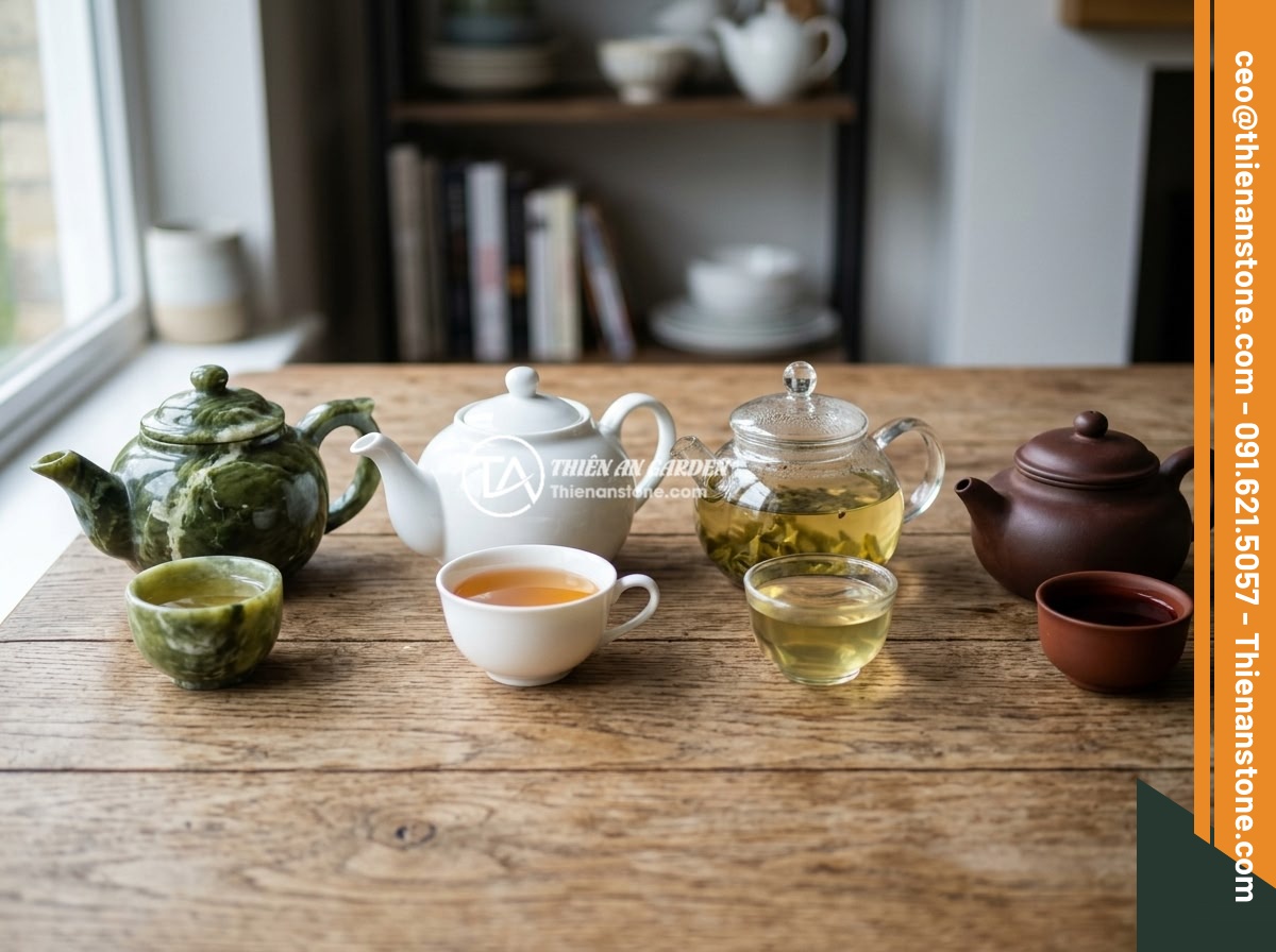 Kinh nghiệm pha trà ngon và chuẩn vị với ấm chén đá tự nhiên - A comparison display showing four different tea sets side by side - natural ston