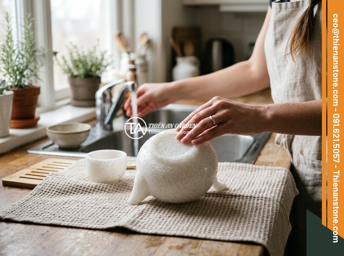 Kinh nghiệm pha trà ngon và chuẩn vị với ấm chén đá tự nhiên - Proper cleaning and maintenance of a natural stone tea set, showing a person gen
