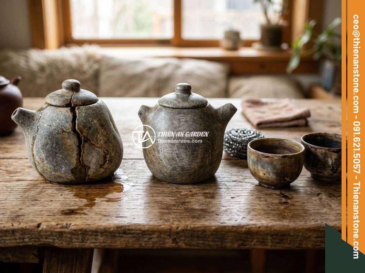 Kinh nghiệm pha trà ngon và chuẩn vị với ấm chén đá tự nhiên - Common mistakes when using natural stone teaware illustrated - showing a cracked