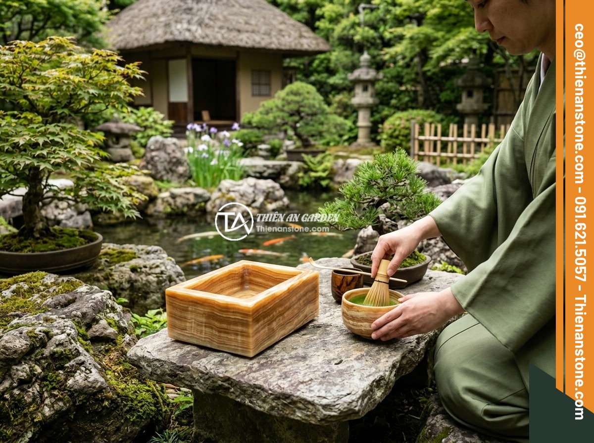 Kinh nghiệm pha trà ngon và chuẩn vị với ấm chén đá tự nhiên - A beautiful outdoor tea ceremony scene with a natural stone tea set placed on a 