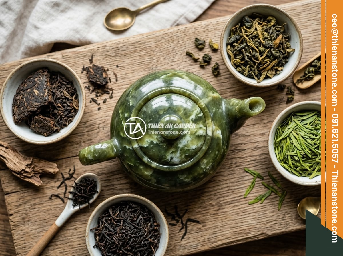 Kinh nghiệm pha trà ngon và chuẩn vị với ấm chén đá tự nhiên - An artistic flat lay of different types of premium tea leaves - Oolong, Pu-erh, 