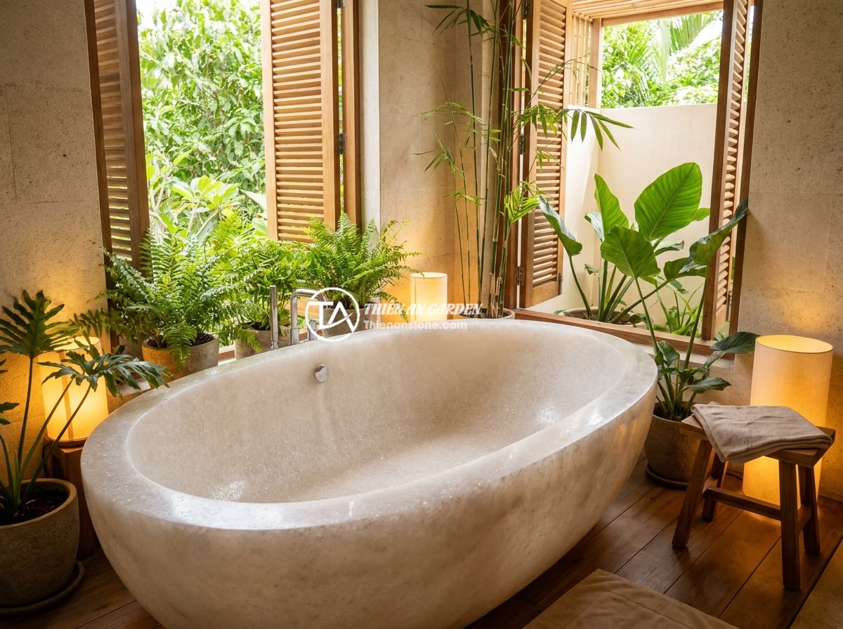Kinh Nghiệm Sử Dụng Bồn Tắm Đá Cuội: Review Thực Tế Từ Khách Hàng - Hình 1 Kinh Nghiệm Sử Dụng Bồn Tắm Đá Cuội: Review Thực Tế Từ Khách Hàng - A luxurious natural pebble stone bathtub placed in a modern Vietnamese bathroom