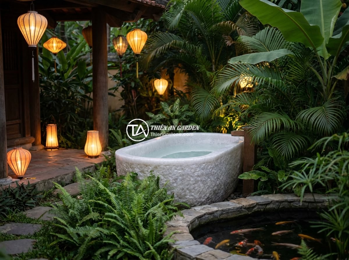 Kinh Nghiệm Sử Dụng Bồn Tắm Đá Cuội: Review Thực Tế Từ Khách Hàng - Hình 10 Kinh Nghiệm Sử Dụng Bồn Tắm Đá Cuội: Review Thực Tế Từ Khách Hàng - An outdoor natural pebble stone bathtub in a luxury Vietnamese villa's private g