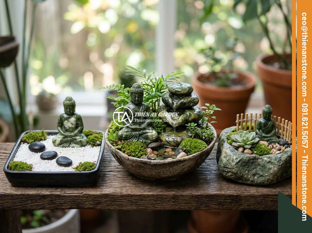 Kinh Nghiệm Thực Tế Làm Tiểu Cảnh Tượng Phật Từ A Đến Z - Three different styles of Buddha statue miniature landscapes side by side - a mi