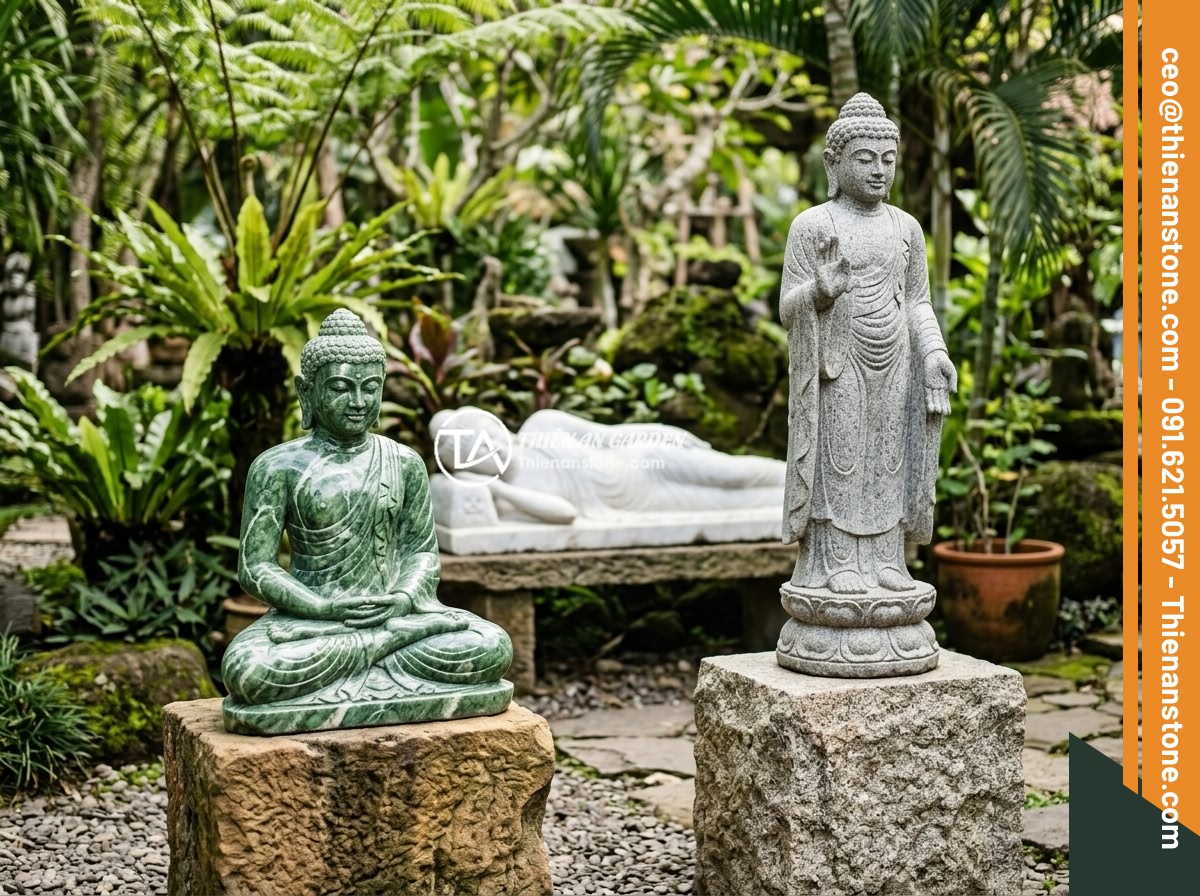 Kinh Nghiệm Thực Tế Làm Tiểu Cảnh Tượng Phật Từ A Đến Z - Various natural stone Buddha statues displayed in different poses - sitting medi
