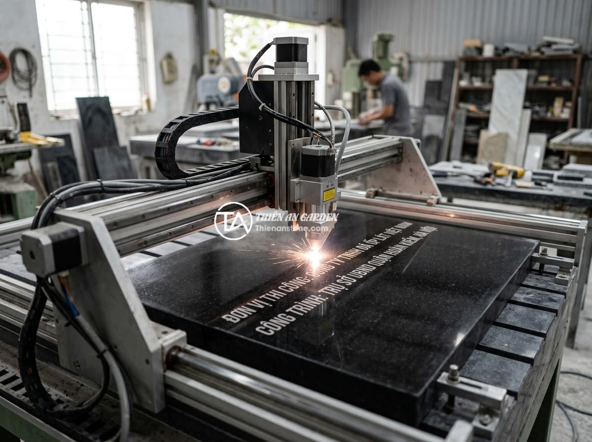 Lỗi chữ trên bảng hiệu đá bị phai màu nhanh: Nguyên nhân và cách khắc phục bền vững - Hình 11 Lỗi chữ trên bảng hiệu đá bị phai màu nhanh: Nguyên nhân và cách khắc phục bền vững - Modern laser engraving machine precisely carving detailed Vietnamese text into a