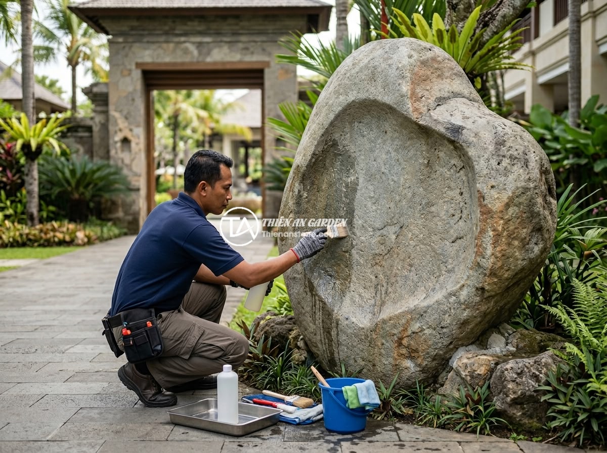Lỗi chữ trên bảng hiệu đá bị phai màu nhanh: Nguyên nhân và cách khắc phục bền vững - Hình 6 Lỗi chữ trên bảng hiệu đá bị phai màu nhanh: Nguyên nhân và cách khắc phục bền vững - Maintenance worker carefully cleaning and applying UV protective coating on a la