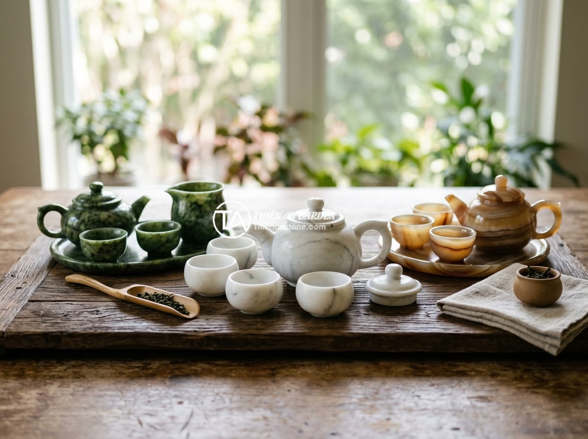 Lợi ích khi sử dụng bộ ấm chén đá tự nhiên đối với sức khỏe và tinh thần - A collection of natural stone tea sets made from different types of stones inclu
