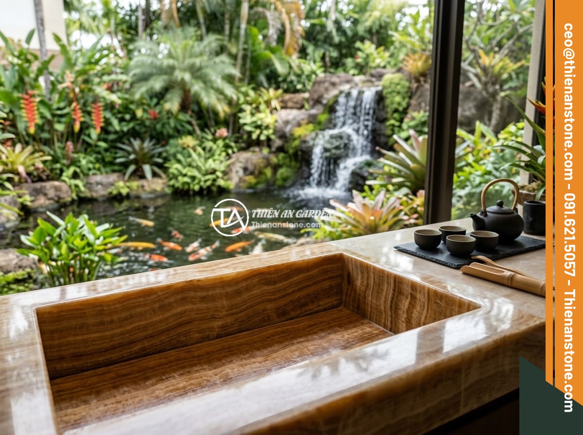 Lợi ích khi sử dụng bộ ấm chén đá tự nhiên đối với sức khỏe và tinh thần - Luxurious resort spa tea lounge featuring an exquisite natural stone tea set on 