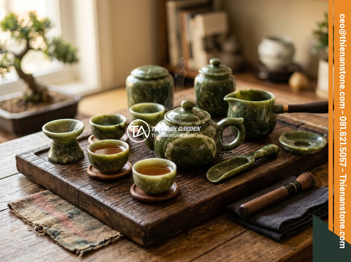 Lợi ích khi sử dụng bộ ấm chén đá tự nhiên đối với sức khỏe và tinh thần - A complete natural stone tea set beautifully arranged on a traditional tea tray,