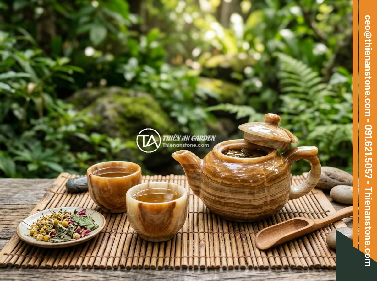 Lợi ích khi sử dụng bộ ấm chén đá tự nhiên đối với sức khỏe và tinh thần - Natural stone tea set with herbal tea inside, placed on a zen-style bamboo mat w