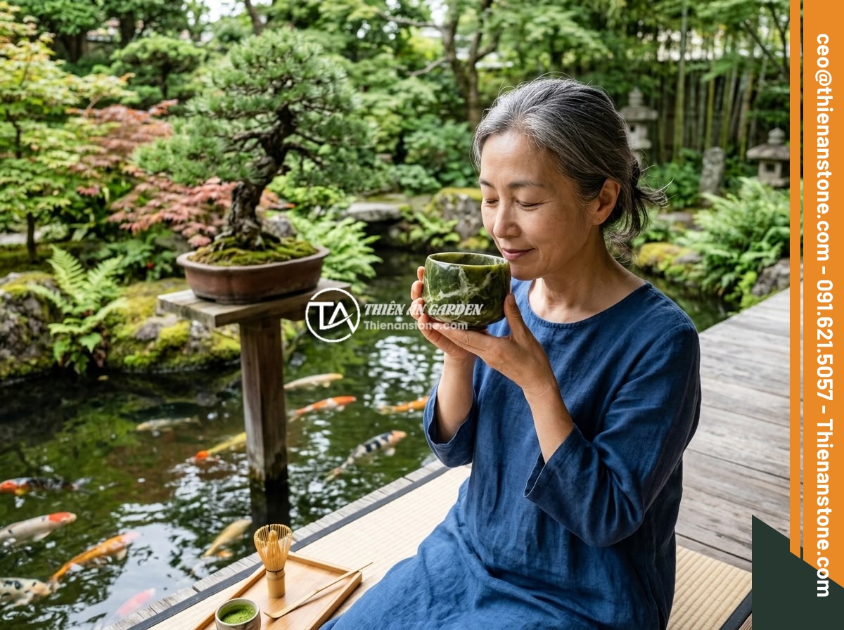 Lợi ích khi sử dụng bộ ấm chén đá tự nhiên đối với sức khỏe và tinh thần - A person peacefully enjoying tea from a natural stone cup in a serene Japanese-s