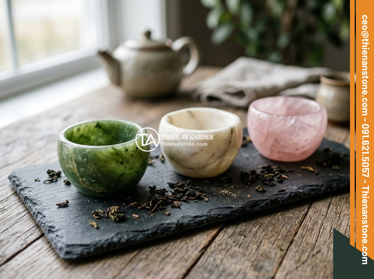 Lợi ích khi sử dụng bộ ấm chén đá tự nhiên đối với sức khỏe và tinh thần - Three elegant natural stone tea cups made from serpentine jade, white marble, an