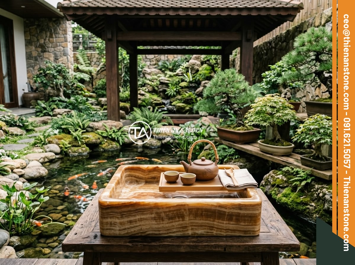 Lợi ích khi sử dụng bộ ấm chén đá tự nhiên đối với sức khỏe và tinh thần - A beautifully designed tea corner in a luxury Vietnamese villa with natural ston