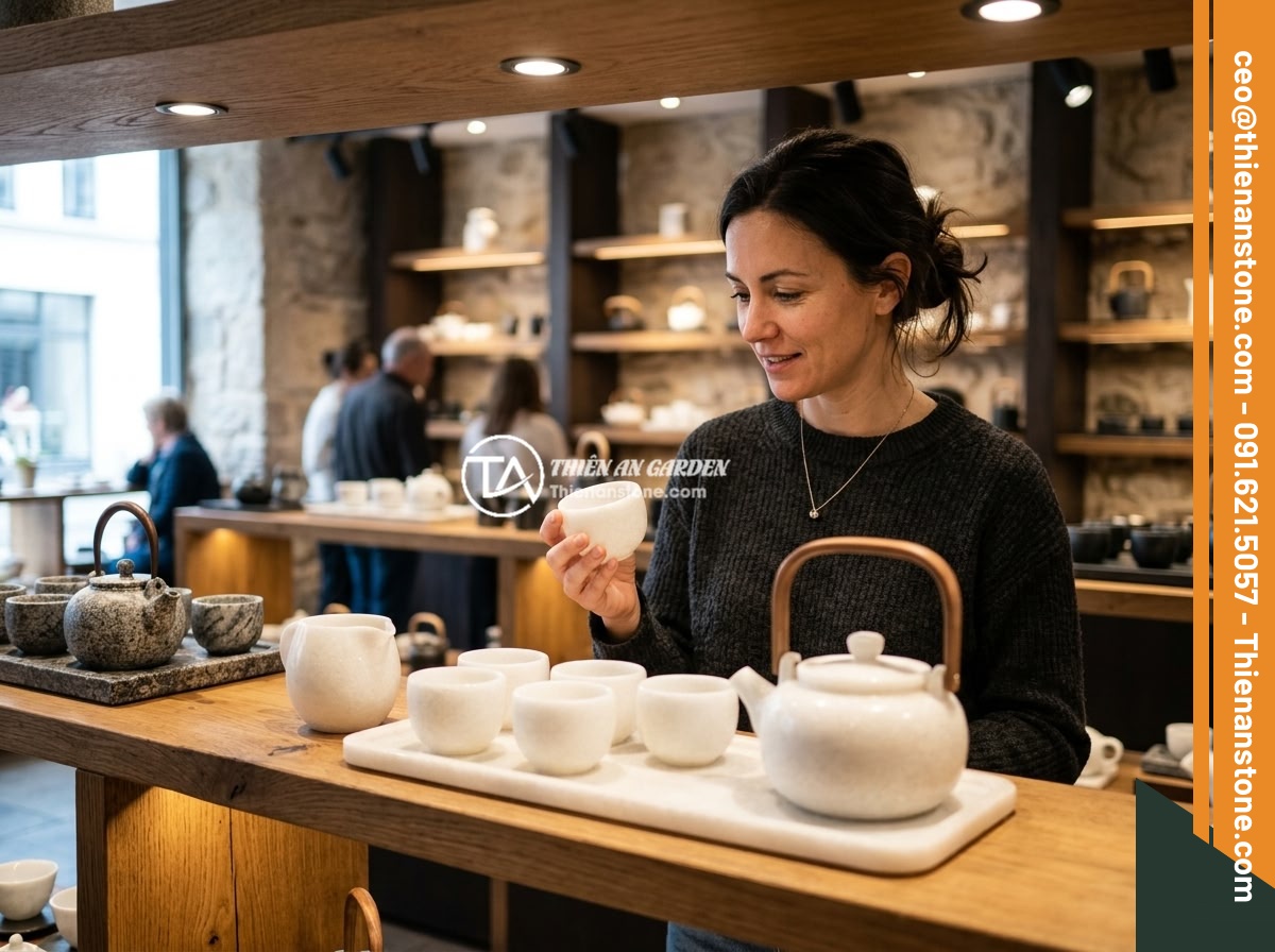 Lợi ích khi sử dụng bộ ấm chén đá tự nhiên đối với sức khỏe và tinh thần - A customer carefully examining and choosing a natural stone tea set at a premium