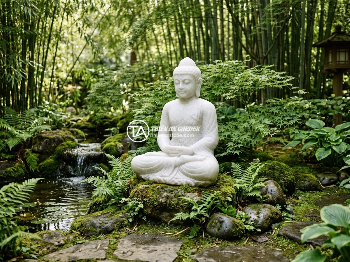Lợi Ích Phong Thủy Của Tiểu Cảnh Tượng Phật Trong Thiết Kế Sân Vườn - A serene Asian garden featuring a natural stone Buddha statue surrounded by lush