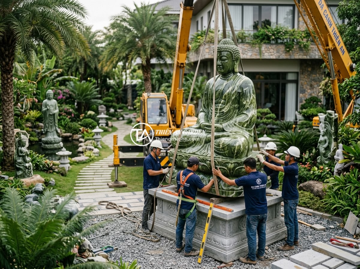 Lợi Ích Phong Thủy Của Tiểu Cảnh Tượng Phật Trong Thiết Kế Sân Vườn - Hình 12 Lợi Ích Phong Thủy Của Tiểu Cảnh Tượng Phật Trong Thiết Kế Sân Vườn - The professional team of Da Canh Thien An working on a large natural stone Buddh
