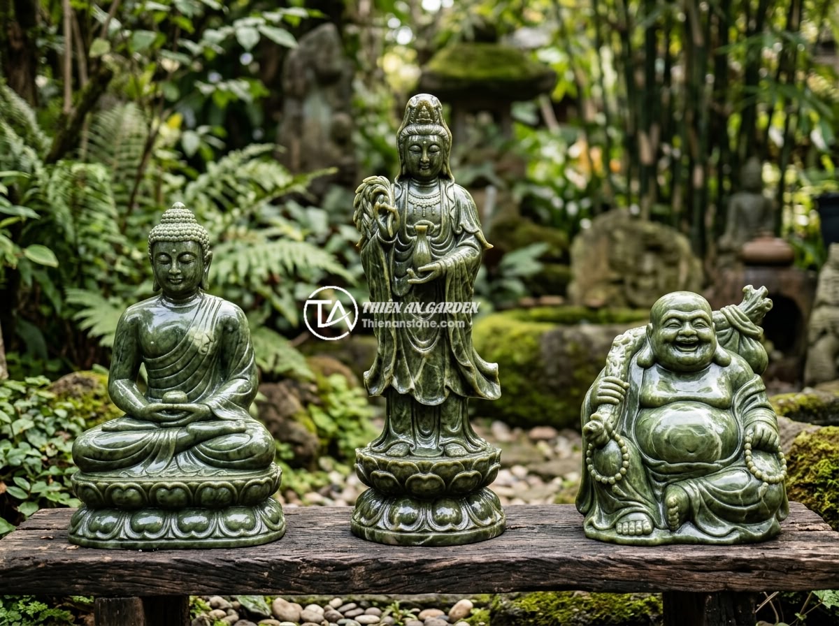 Lợi Ích Phong Thủy Của Tiểu Cảnh Tượng Phật Trong Thiết Kế Sân Vườn - Hình 4 Lợi Ích Phong Thủy Của Tiểu Cảnh Tượng Phật Trong Thiết Kế Sân Vườn - Three different natural stone Buddha statues displayed side by side in a garden