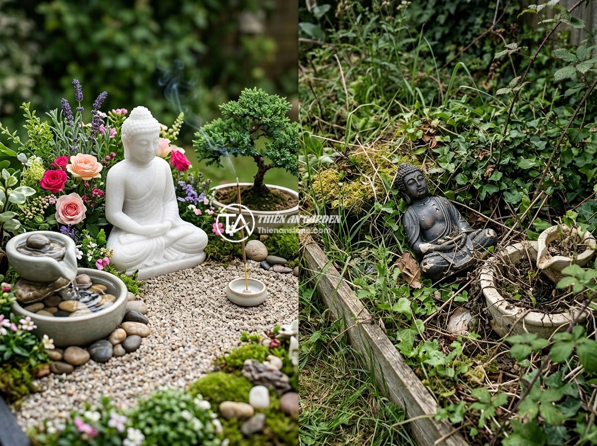 Lợi Ích Phong Thủy Của Tiểu Cảnh Tượng Phật Trong Thiết Kế Sân Vườn - Hình 9 Lợi Ích Phong Thủy Của Tiểu Cảnh Tượng Phật Trong Thiết Kế Sân Vườn - A well-maintained garden Buddha statue miniature scene with fresh flowers, clean