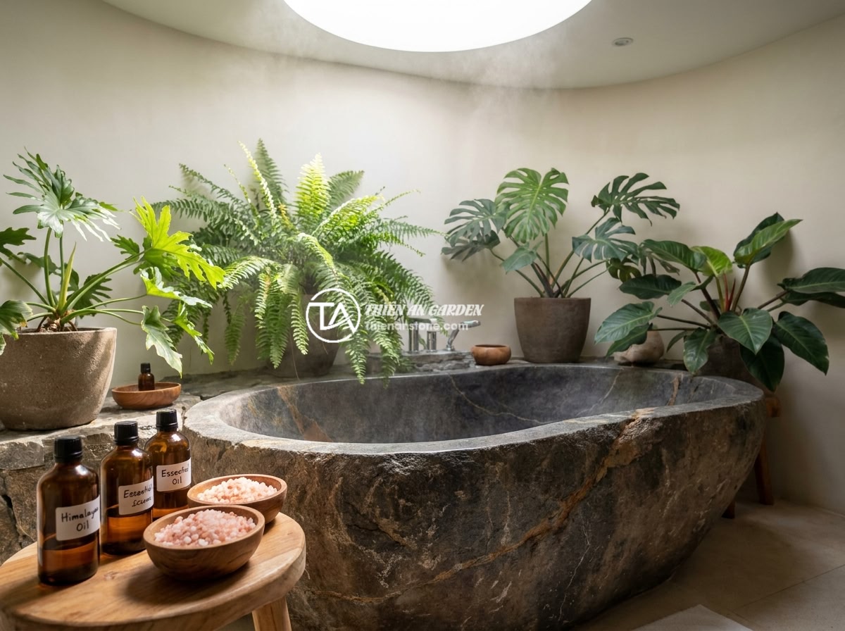 Lợi Ích Sử Dụng Bồn Tắm Bằng Đá Tự Nhiên Trong Phong Thủy - Hình 8 Lợi Ích Sử Dụng Bồn Tắm Bằng Đá Tự Nhiên Trong Phong Thủy - A luxurious bathroom scene featuring a natural stone bathtub surrounded by lush