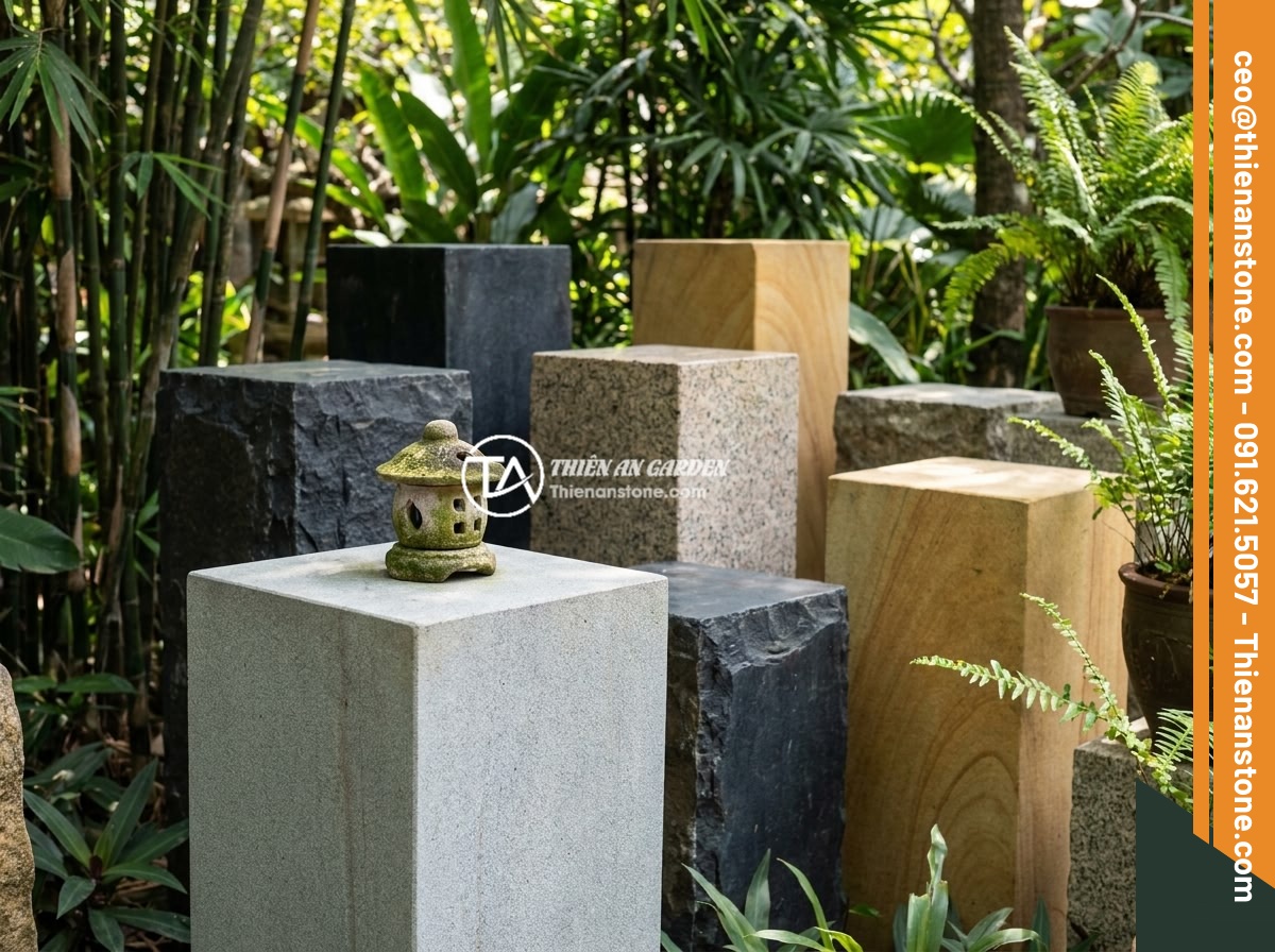 Lợi ích vượt trội khi sử dụng đôn đá tự nhiên trong thiết kế sân vườn phong thủy - A variety of natural stone pedestals made from different materials including bla
