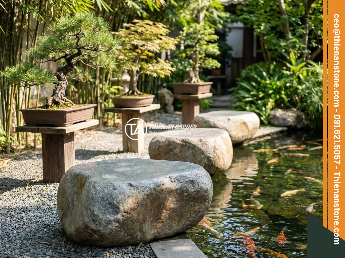 Lợi ích vượt trội khi sử dụng đôn đá tự nhiên trong thiết kế sân vườn phong thủy - A feng shui garden with natural stone pedestals strategically placed near a koi 
