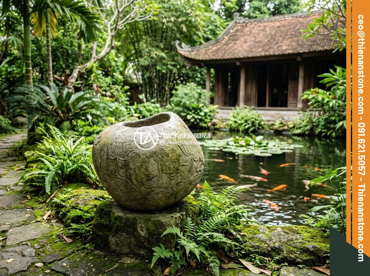 Lỗi phong thủy khi đặt chum đá sai vị trí và cách điều chỉnh kịp thời - A beautifully carved natural stone urn placed in a traditional Vietnamese garden