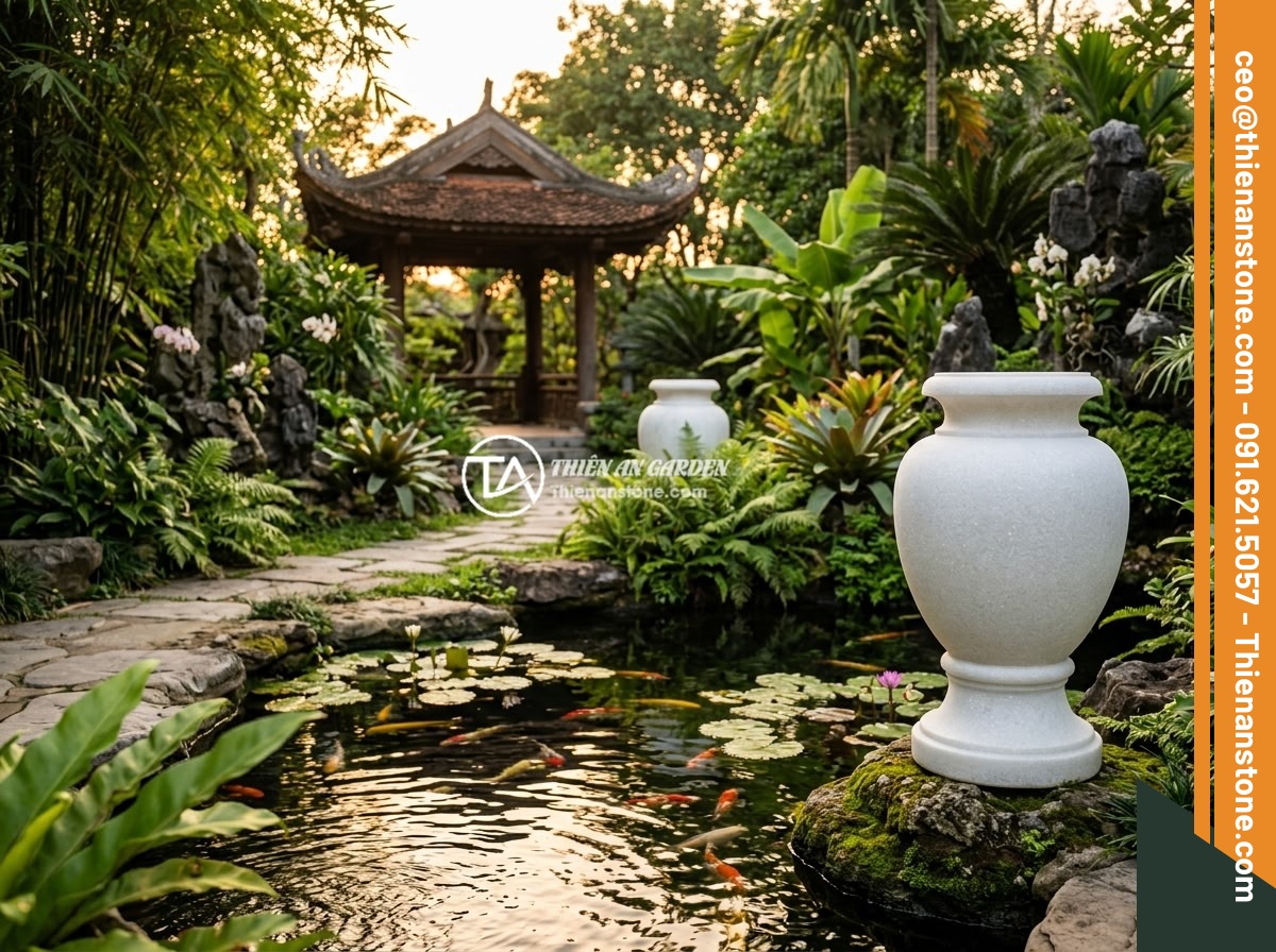 Lỗi phong thủy khi đặt chum đá sai vị trí và cách điều chỉnh kịp thời - A beautifully designed Vietnamese garden with perfectly placed stone urns follow