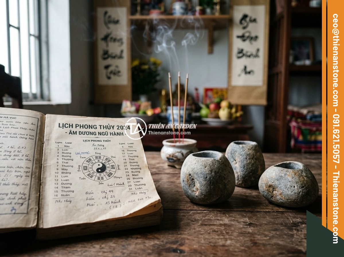 Lỗi phong thủy khi đặt chum đá sai vị trí và cách điều chỉnh kịp thời - A traditional Vietnamese calendar and feng shui almanac placed next to miniature
